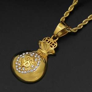 Hip-hop style gold-plated money bag pendant necklace with sparkling diamonds and rope chain