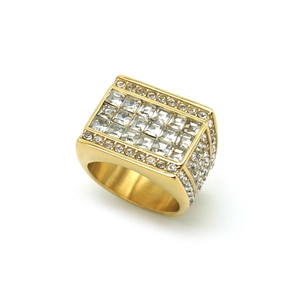 Anillo hip hop cuadrado para hombre en dorado con pavé completo de circonitas
