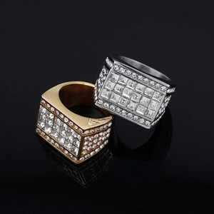 Anillo de sello Hip-Hop de lujo para hombre en oro y plata con cristales