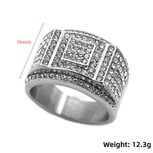Macro detail of men's iced out square ring with dimensions 16mm width and 12.3g weight