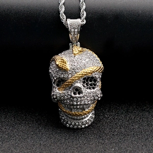 Hiphop silver skull pendant necklace with gold snake and full rhinestone accents