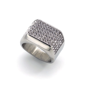 Polished silver stainless steel hip hop ring with paved square crystal setting