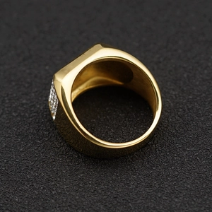 Men's hip-hop gold plated stainless steel ring with micro pave cz diamonds in 45-degree view