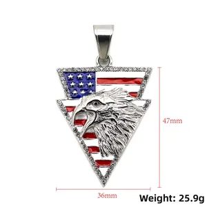 Detail of 316 stainless steel eagle pendant with US flag enamel and rhinestones