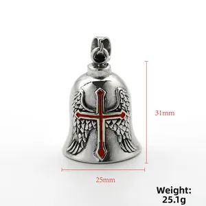 Detail of gothic stainless steel angel bell pendant with red cross and size 31x25mm