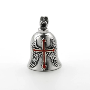 Retro stainless steel biker angel wing lucky bell pendant with red cross inlay
