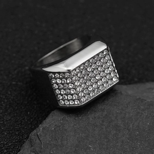 Hip hop silver stainless steel signet ring with full white zircon stones on grey stone