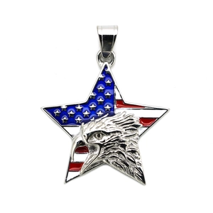 Detail of USA flag star pendant featuring an embossed eagle head and enamel finish