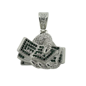 Detailed close-up of iced out fist holding dollar bills hip hop jewelry pendant