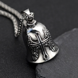 Vintage stainless steel guardian bell pendant with angel wings and cross design