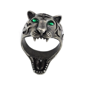 Vintage 316 Stainless Steel Tiger Head Ring For Men Punk Rock Animal Green Rhinestone Eye Biker Band Ring Jewelry Gift