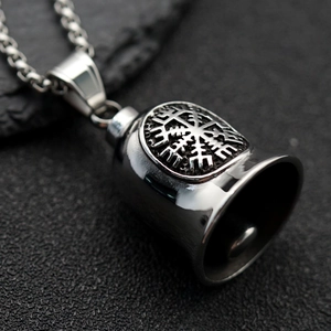 Stainless steel viking bell pendant with compass runes and O-chain on dark rock