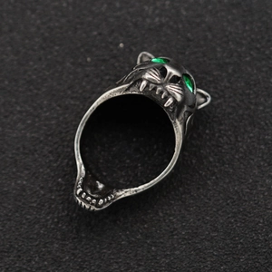 Vintage stainless steel tiger ring with green gemstone eyes and silver finish