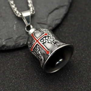 Retro stainless steel biker lucky bell pendant with red cross and feather relief detailing