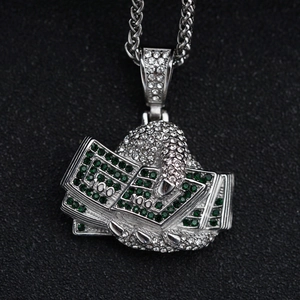 Hiphop fist clutching cash pendant necklace with green and white cubic zirconia