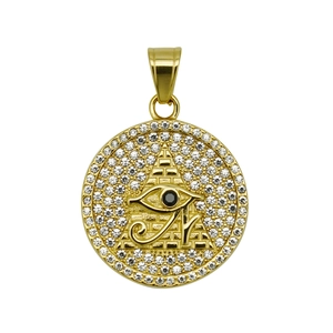 Golden Horus Eye pendant with sparkling rhinestones on a pyramid relief stainless steel
