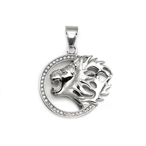 Pendentif tête de lion hip hop en acier inoxydable argenté avec auréole de cristaux