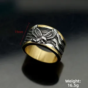 Mens two-tone stainless steel ring with eagle relief and 15mm wide American flag motif