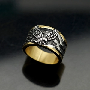 Two-tone stainless steel eagle ring for men with patriotic star and stripe engraving