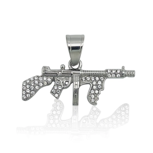Hip hop style machine gun pendant necklace with silver finish and sparkling crystals