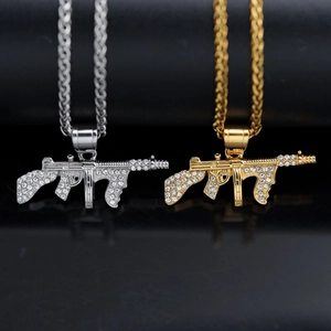 Hip Hop Men Iced Out Machine Gun Pendant Necklace 316 Stainless Steel Rhinestone Zirconia Gold Silver Tone Jewelry