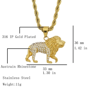 Collier avec pendentif lion hip hop en acier inoxydable doré avec strass scintillants