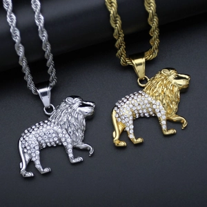 Collier lion hip-hop en or et argent avec cristaux brillants et chaîne torsadée