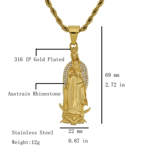 Gold plated 316 stainless steel Virgin Mary pendant with Austrian rhinestones