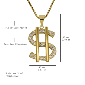Iced out dollar sign pendant necklace in gold plated stainless steel with rhinestones