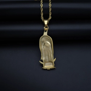Gold-plated Virgin Mary pendant necklace with a rope chain on a premium black background