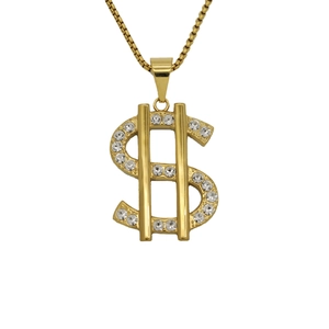 Iced out gold dollar sign pendant necklace with crystals and venetian chain jewelry