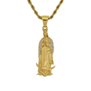 Gold Virgin Mary pendant with rhinestone details on a rope chain, centered on white background