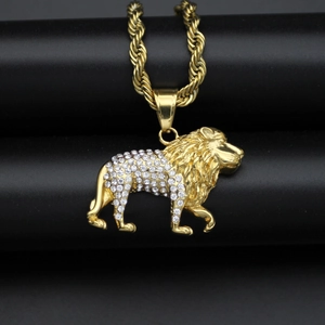 Pendentif Tête de Lion Hip Hop Seul (Sans Chaîne) Avec Strass Acier Inoxydable 316 Plaqué Or Bijoux Animaux Pour Hommes Femmes