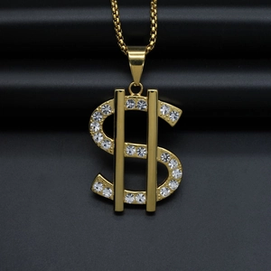 Hip Hop 316 Stainless Steel Dollar Sign Pendant Necklace With Rhinestone IP Gold Plated Men Women Fashion Jewelry