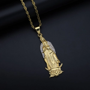 Gold plated Virgin Mary pendant necklace with paved crystals on a twisted rope chain