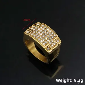 Luxurious 14mm gold-plated stainless steel square ring with iced-out cubic zirconia stones