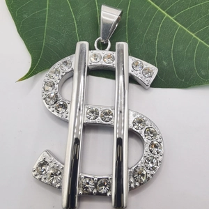 Hip-hop silver dollar sign pendant featuring double-row crystal rhinestones on white base