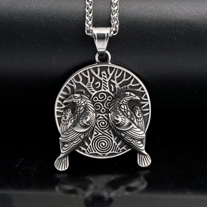 Collier Viking nordique vintage en acier inoxydable avec corbeau et arbre de vie