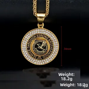 Detail of 34mm gold 316L steel Philippine Eagles pendant with sparkling crystal inlay