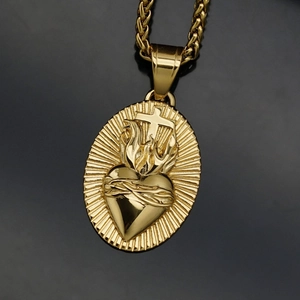 Herz Jesu Kreuz Anhänger aus 18K vergoldetem Edelstahl mit dicker geflochtener Kette