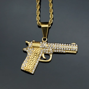 316 Stainless Steel Hip Hop Handgun Pendant Necklace Gold Plated Rhinestone Iced Out Pistol Pendant Jewelry For Men Women