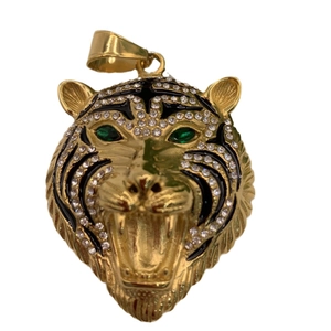 Hip hop gold plated stainless steel tiger pendant with green eyes and white crystals