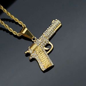 Hip hop gold plated 316 stainless steel pistol pendant necklace with sparkling crystals