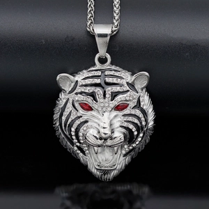 Hip hop silver tiger head pendant with white crystals and red eyes on cuban chain