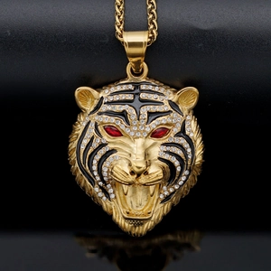 Hip hop gold plated stainless steel tiger head pendant with red eyes and white diamonds