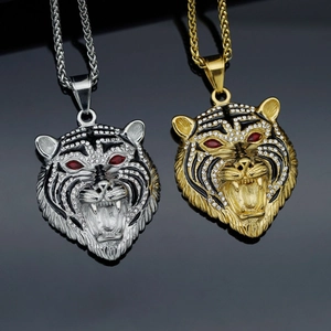 Hip Hop Stainless Steel Gold Plated Tiger Head Pendant With Red Green Zirconia Eyes Paved Rhinestone Animal Jewelry Gift