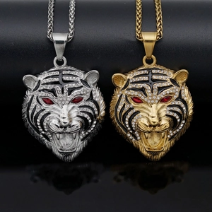 Hip hop tiger head pendant necklace in gold and silver finish with rhinestones