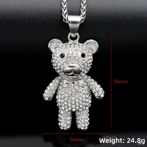 Iced out teddy bear pendant necklace in silver tone with dimensions 50mm by 34mm