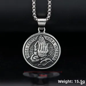 Hip hop stainless steel prayer hands medallion pendant necklace, 33mm diameter, 15.5g weight