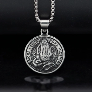 Hip hop style silver stainless steel praying hands pendant with Latin engraving